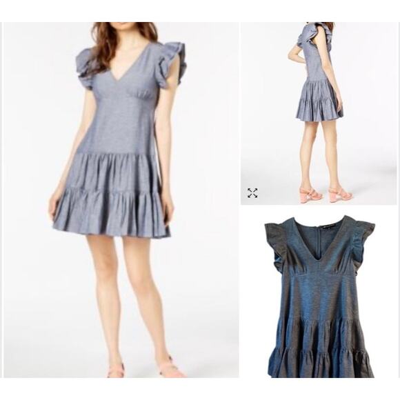 Jill Stuart Ruffled Denim Dress Size M Blue Linen Blend Flirty - Picture 1 of 5